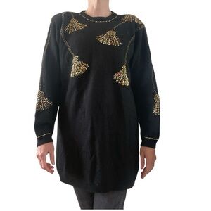 Vivien Forest Womens Beaded Tassel Print Tunic Sweater Size Large Lambswool